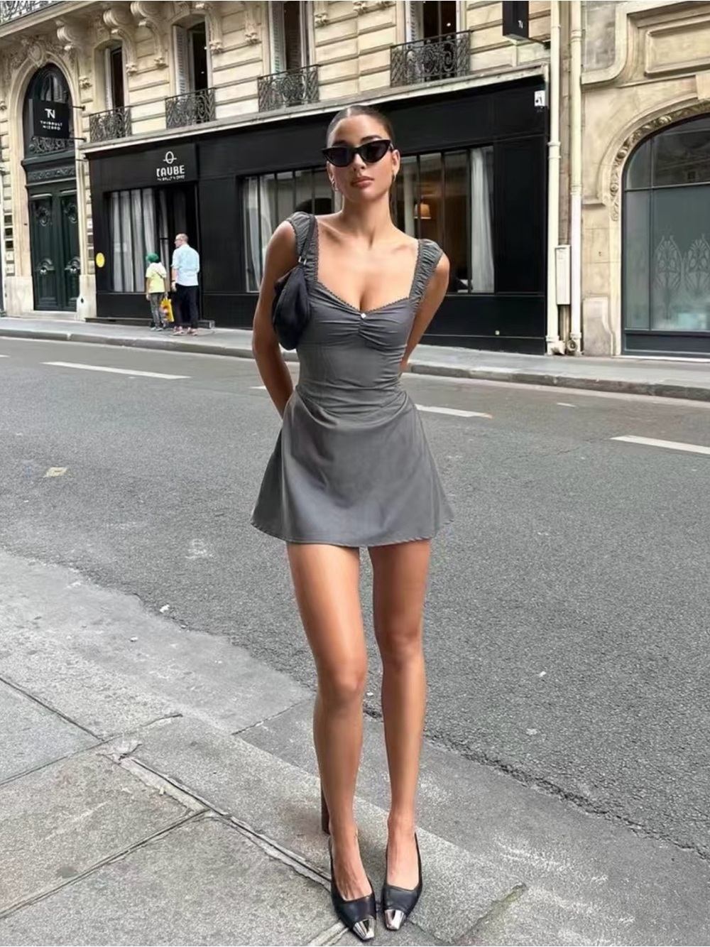 Sweet Chilling ‘ONE MOMENT' MINI DRESS Off-Shoulder Mini Dress in Charcoal Gray